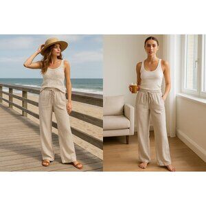 Michael Stars Women’s Linen Pants Beige M Drawstring Coastal Cowgirl Clean Girl